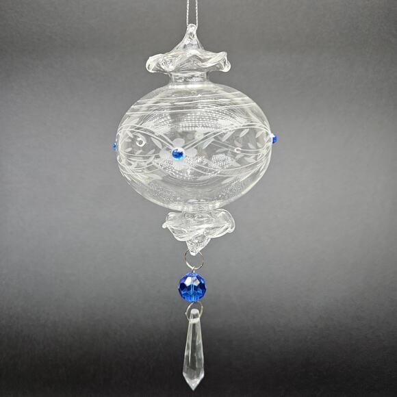 Hand Blown Glass Ornament Etched Floral Design Crystal Accents Hanging Decor - Picture 5 of 7